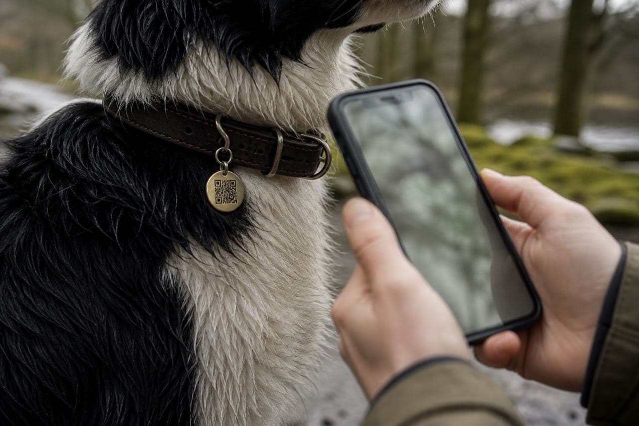 Hands scanning a brass AnimalLink collar tag outdoors in soft Scottish light